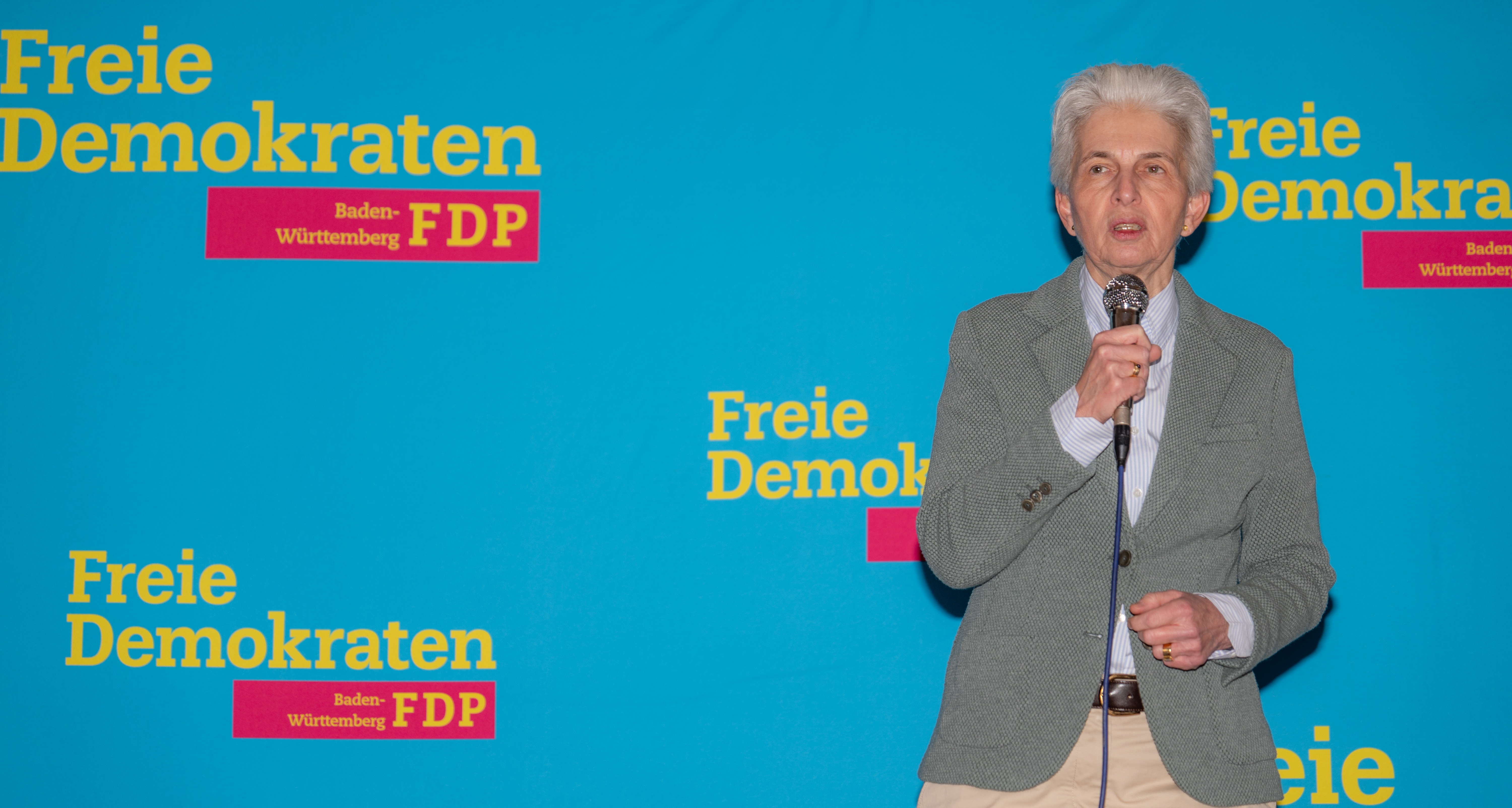 Eine etwas ältere Politikerin mit weißen Haaren und grauem Sakko bei einem Impuls